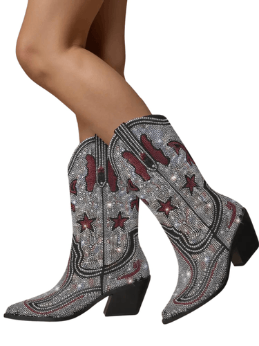 Women's Rhinestone Cowgirl Boots Side Zipper Knee High Boots Rhinestone Booties Glitter Bling Shiny Western Pointed Toe Block Heel Boots, Drestiny, United States, Boots, Heels, Cowirl Boots, USA, Australia, Canada, New Zealand, United Kingdom, UK, 5, 6, 7, 8, 9, 10, 11, 12, 13, 14, 15, Grey, Pink, Black-Red, Black, Pink-White, Green, Blue, White-Silver, rhinestone cowboy boots women, sparkly cowboy boots, rhinestone cowgirl boots, crystal cowboy boots, rhinestone embellished cowboy boots,shopdrestiny.com